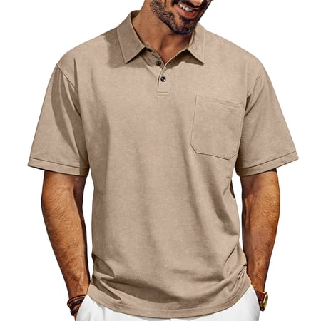 Men s Short Sleeve Athletic Shirts Buttons Collared Solid Pocket Top for Casual Golf Khaki XL