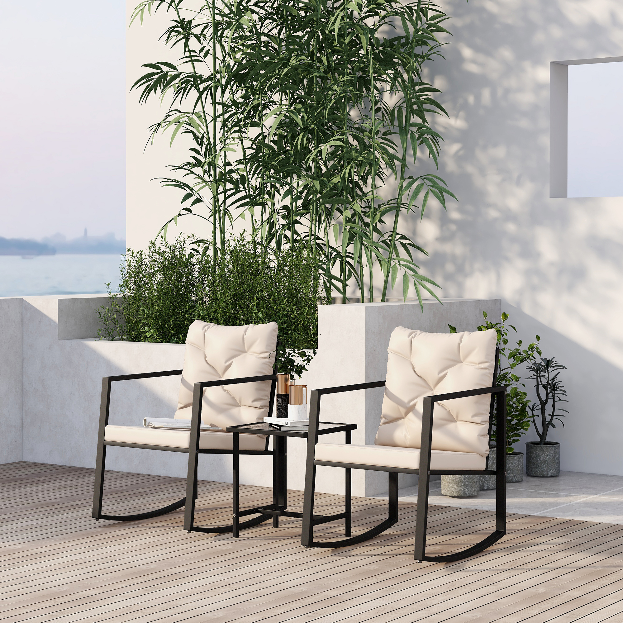 3 Piece Outdoor Furniture Set Luxury Comfort Lounge Chair Patio Modern Rocking Chair Furniture Set Clearance Upholstered Chair Conversation Set with Coffee Table for Patio and Bistro (Beige) - image 2 of 4