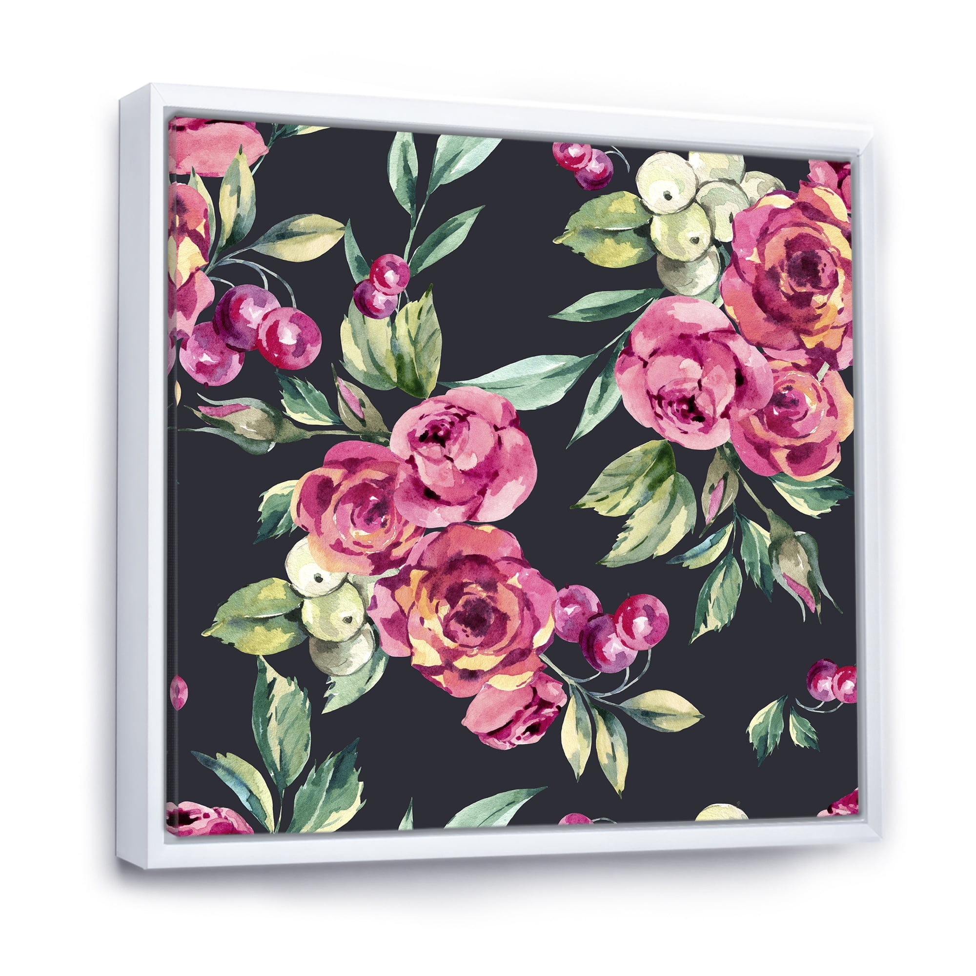 Designart 'Red VIntage Roses and Berries On Black Background' Farmhouse Framed Canvas Wall Art Print