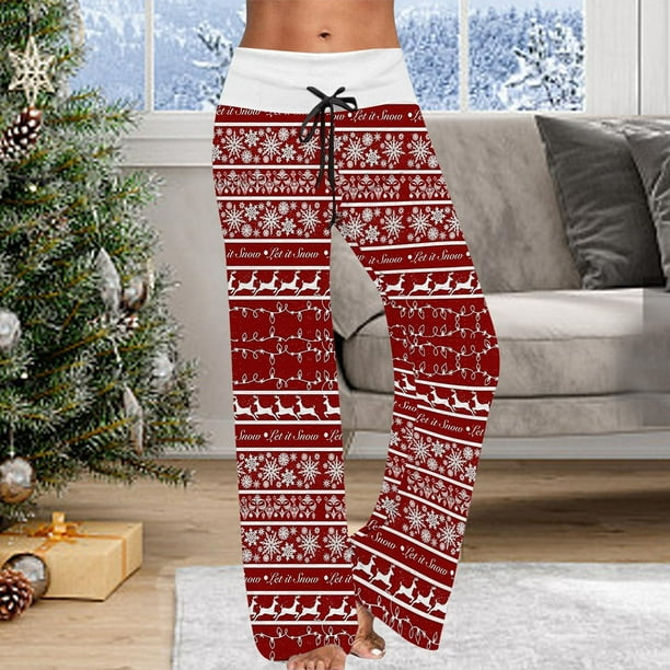 Womens Christmas Pants Winter Plus Size Elastic Waist Wide Leg Sweatpants  Xmas Elk Snowflake Loose Drawstring Pants