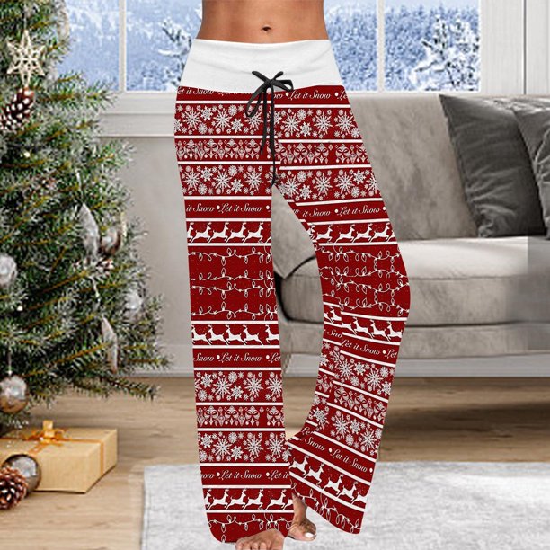 Puntoco, pantalones navideños para mujer, pantalones de chándal de pierna ancha con cintura elástica de talla grande para invierno, pantalones holgados con cordón y copos de nieve de alce de Navidad Puntoco Puntoco-3044