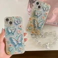 thumbnail image 5 of Designed for iPhone Case,Luxury Oil Paint Flower Butterfly Pattern Blu-ray with Hand Bracelet Shockproof Protective Cover Phone Case (iPhone 15 Pro,Blue), 5 of 5