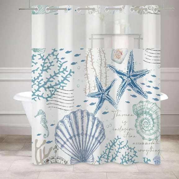 Mizhona Nautical Coastal No Hooks Shower Curtains with Snap in Liner Ocean Seashell Beach Hookless Fabric Bathroom Curtain,71"× 74"