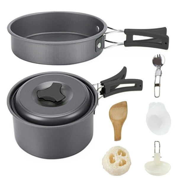 Juego de Utensilios de Cocina para Camping de Aluminio Antiadherente – Ollas y Sartén Plegables Portátiles para 2-4 Personas | Kit de Cocina Compacto para Senderismo, Picnic, BBQ al Aire Libre