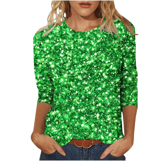 ZVAVZ Hauts Noirs pour Femmes, T-Shirts Graphiques Verts à Manches 3/4 Patchwork de Printemps Col Rond Tees Décontractés de Vacances Verts,TG