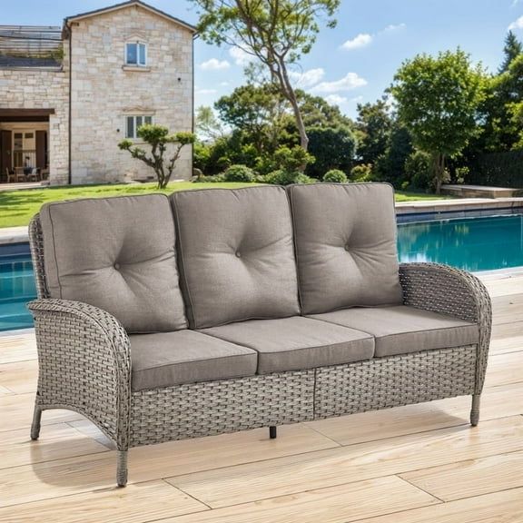 Gymojoy Outdoor 3 Seats Sofa, Patio Rattan Wicker Seactional Couch with Cushions, Gray