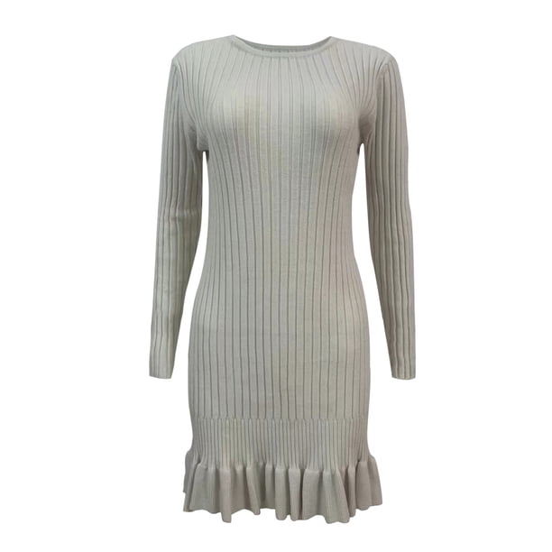 Gibobby Vestidos de suéter anchos Vestido de punto de color liso con dobladillo de Cuello redondo Vestido de suéter midi elegante y ajustado(Blanco,XL)