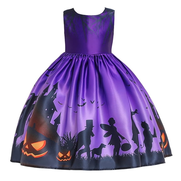 XXWXYD Girls Halloween Fanc𝗒 Dress Costum𝖾 - Ghos𝗍 Pumpkin Skul𝗅 Print Party Dress for Kids, Cos-play Outfit