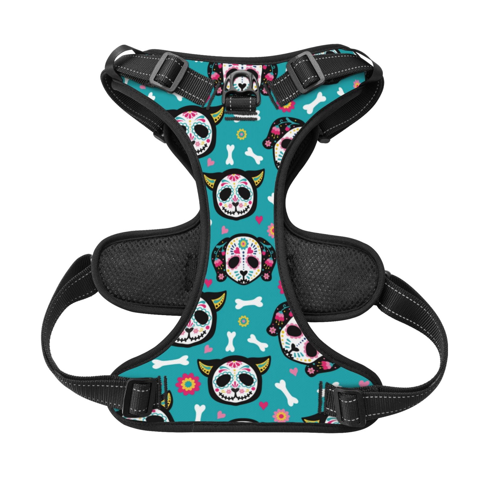Kdxio Skull Cat Print No Pull Dog Harness Adjustable Reflective Oxford Easy Control Medium Large Dog Harness for Training and Everyday-X-Large