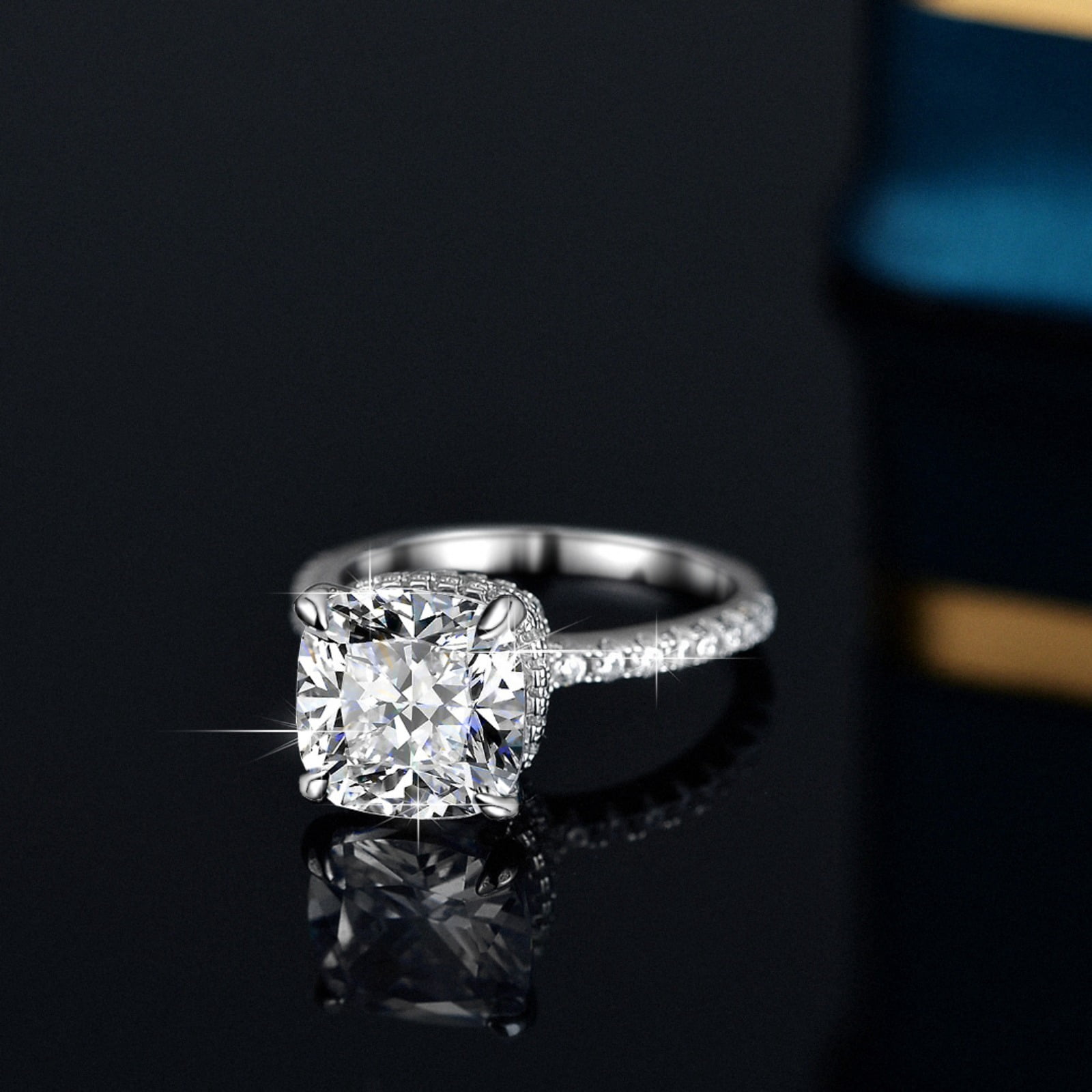3.5 Carat Hidden Halo Moissanite Ring for Women Cushion Cut Engagement Ring D Color VVS1 4-Prong Wedding Diamond Rings Sterling Silver Women's Promise Rings