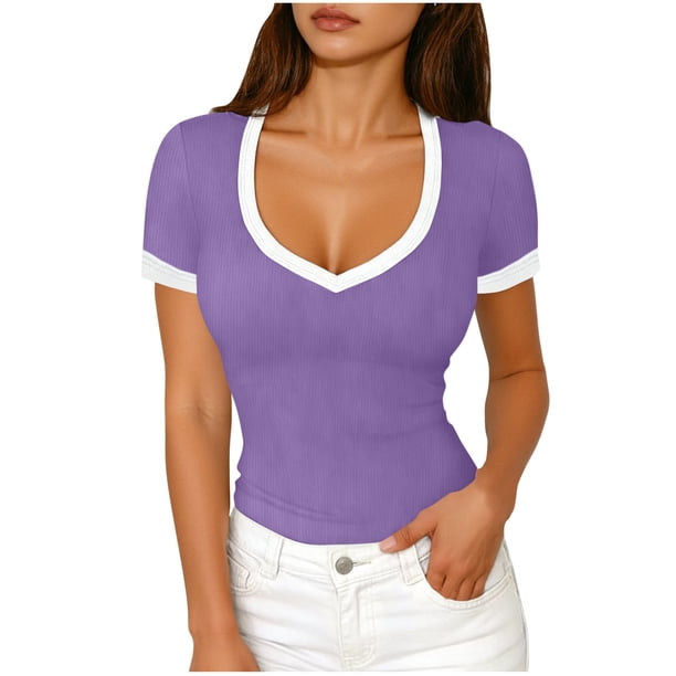 Camisas de Manga Corta para las Mujeres Blusas Casuales Cuello en V Color Sólido Plisado Primavera