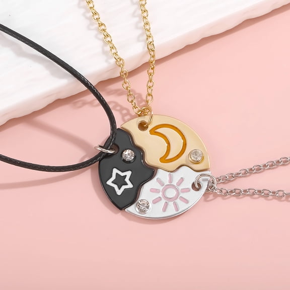 3pcs Star & Moon & Sun Friendship Alloy Enamel Pendant Necklaces with Rhinestone Mixed color 16.14~19.69 inch(41~50cm)