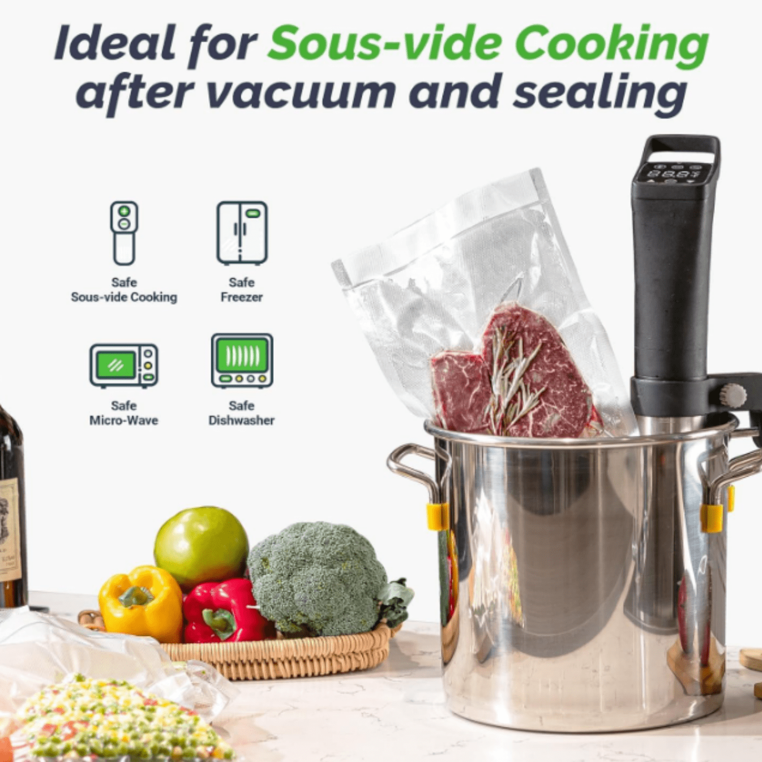 Vacuum Sealer Machine, Food Vacuum Sealer with Powerful Suction | Slim Design | Easy to Use | Led Indicator Lights for Sous Vide, Meal Prep, w/Starter Kits for Vacuum Seal Container (Black）