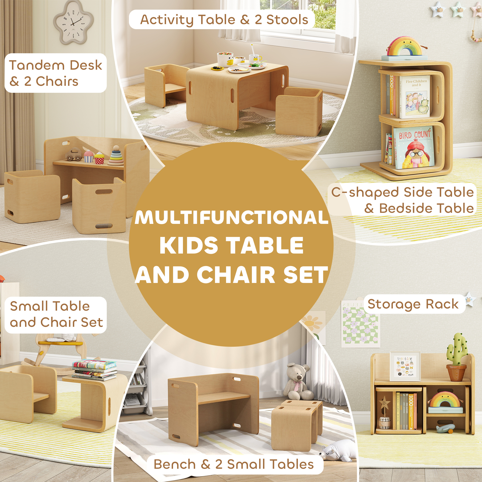 Qaba Toddler Table and Chair Set, Wooden Activity Table with Two Kids Montessori Chairs for Ages 3-8, Play, Eating and Learning, Natural Wood