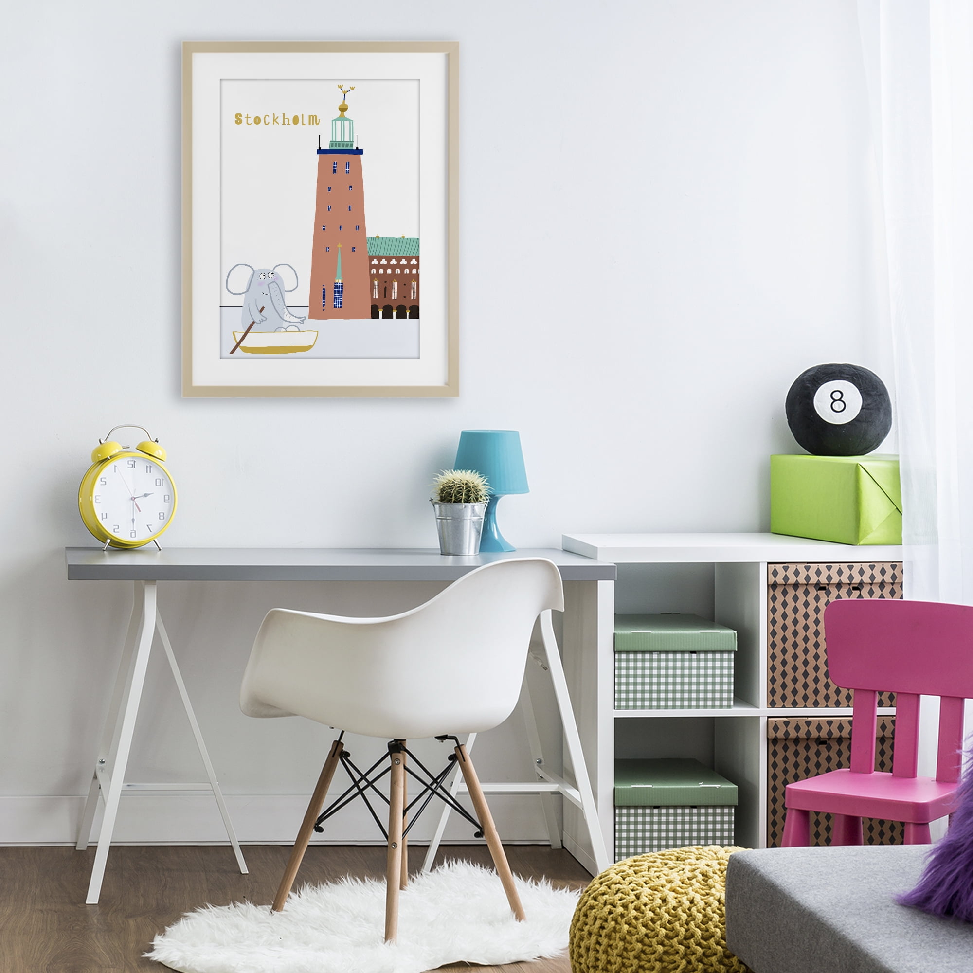 Elephant in Stockholm Boat Birch Framed Print Under Glass, design by Carla Daly