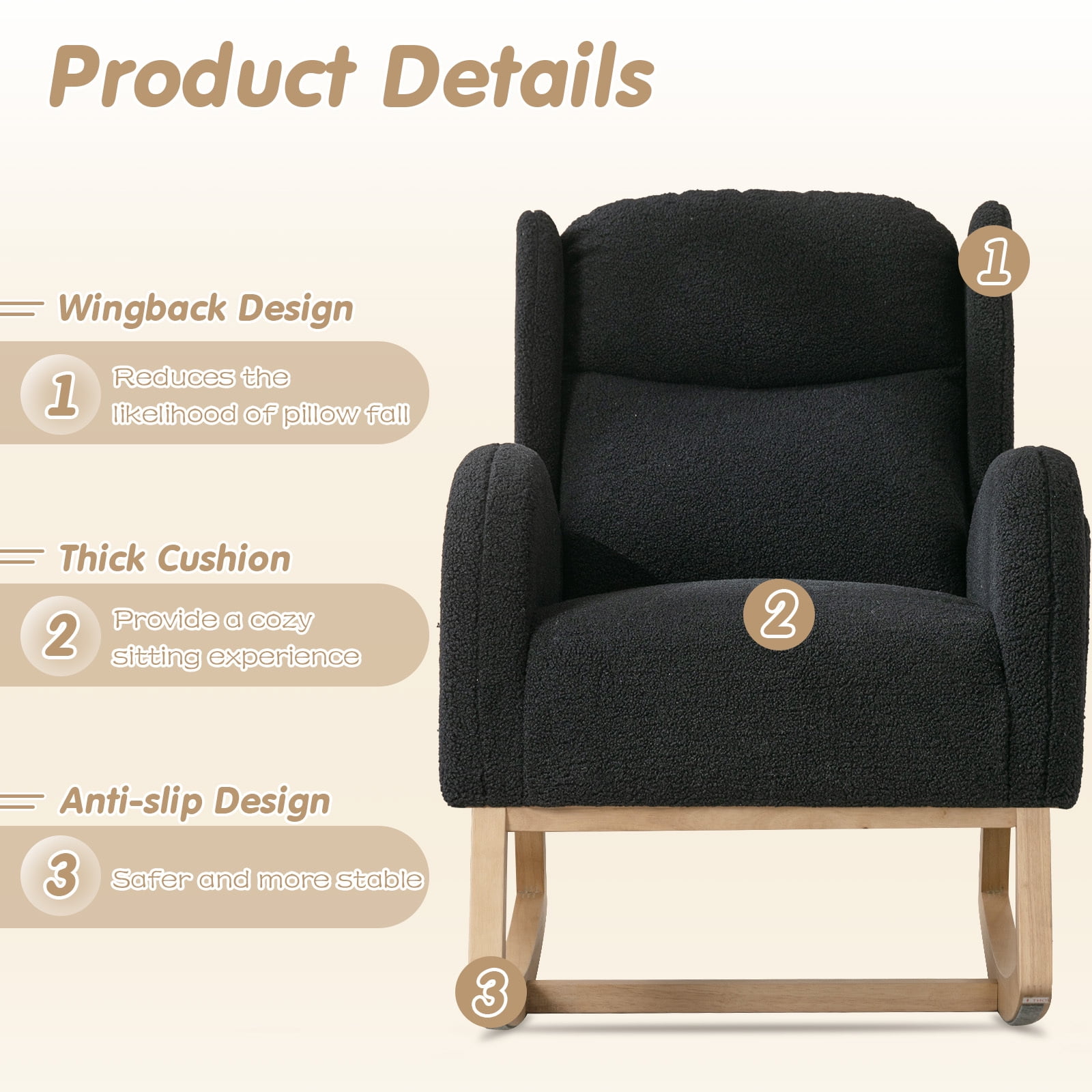 Lunale Indoor Rocking Chair, Upholstered Accent Rocker Chair with Wood Legs, Black Teddy