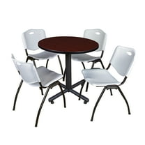 Regency Kobe 30" Round Breakroom Table- Mahogany & 4 'M' Stack Chairs- Grey