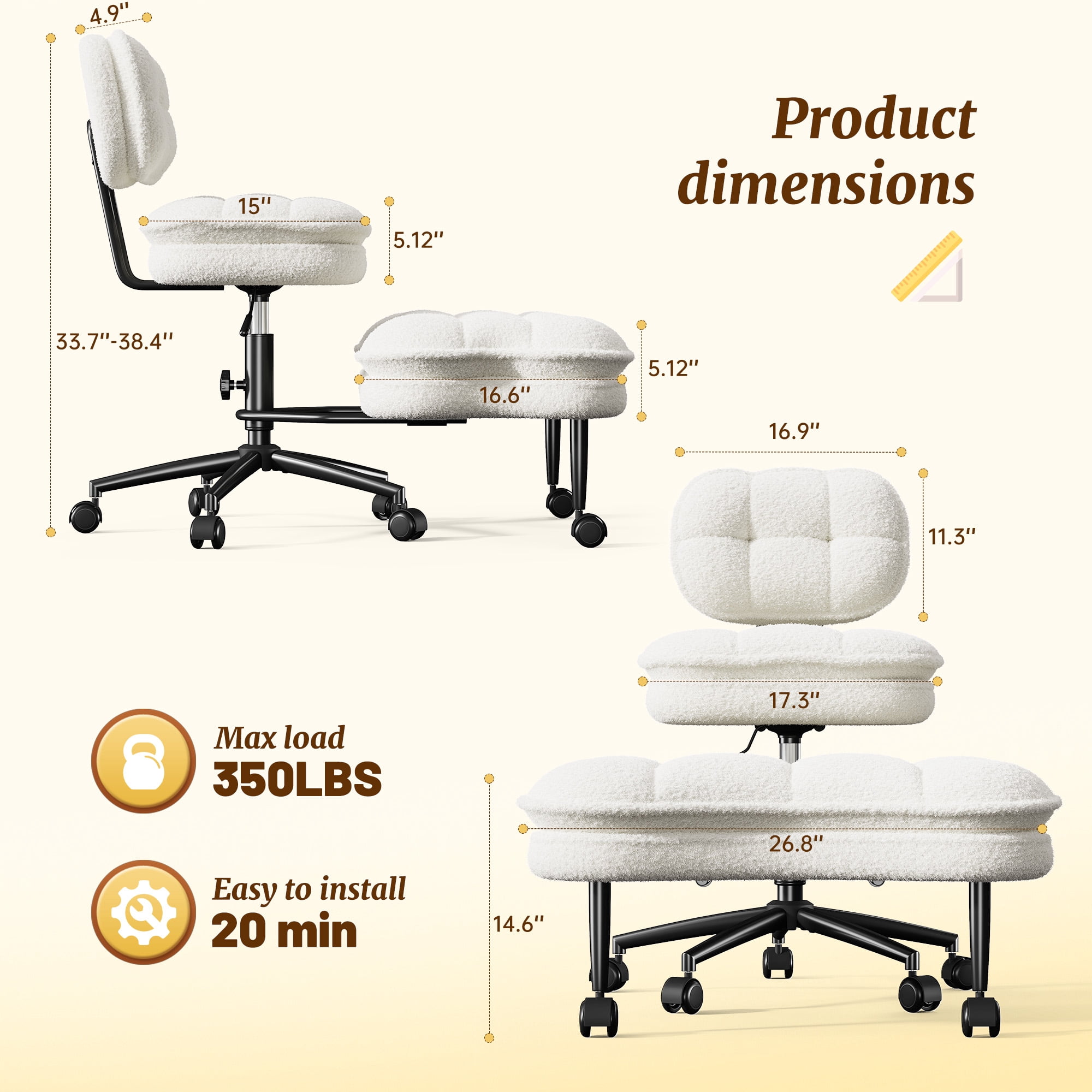 Romorgniz Ergonomic Cross Legged Office Chair 360° Swivel Meditation Chair with Wheels, Kneeling Desk Chair with Height Adjustable Seat, White