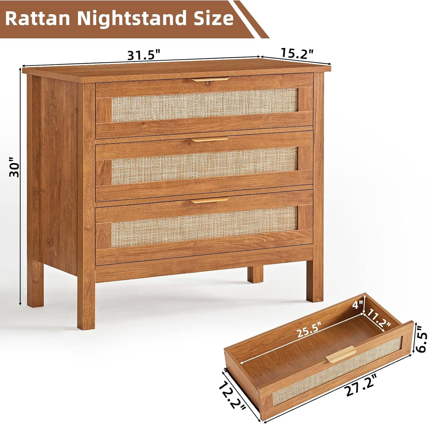 Leyaoyao 3-Drawer Storage Nightstand, 31.5" Wide Rattan Bedside Table, Boho Storage Cabinet with Shelf for Bedroom, Living Room - Tea Brown