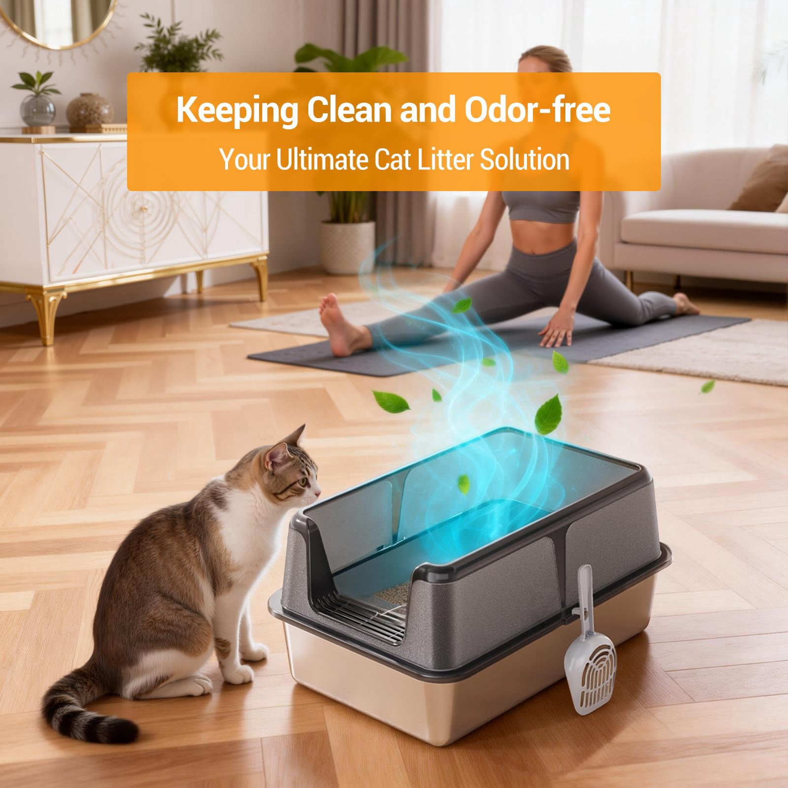 Stainless Steel Cat Litter Box with Lid and Scoop 60x40x31.5CM, Easy to Clean Cat Litter Trays, High Sided, Non-Stick, Leak-Proof Metal Cat Litter Box for Cats,Black