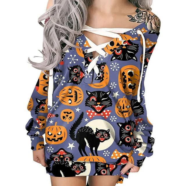 FOCUSNORM Robe Imprimée d'Halloween pour Femmes Juniors, Mode à Nouer Col Rond Manches Longues une-Pièce