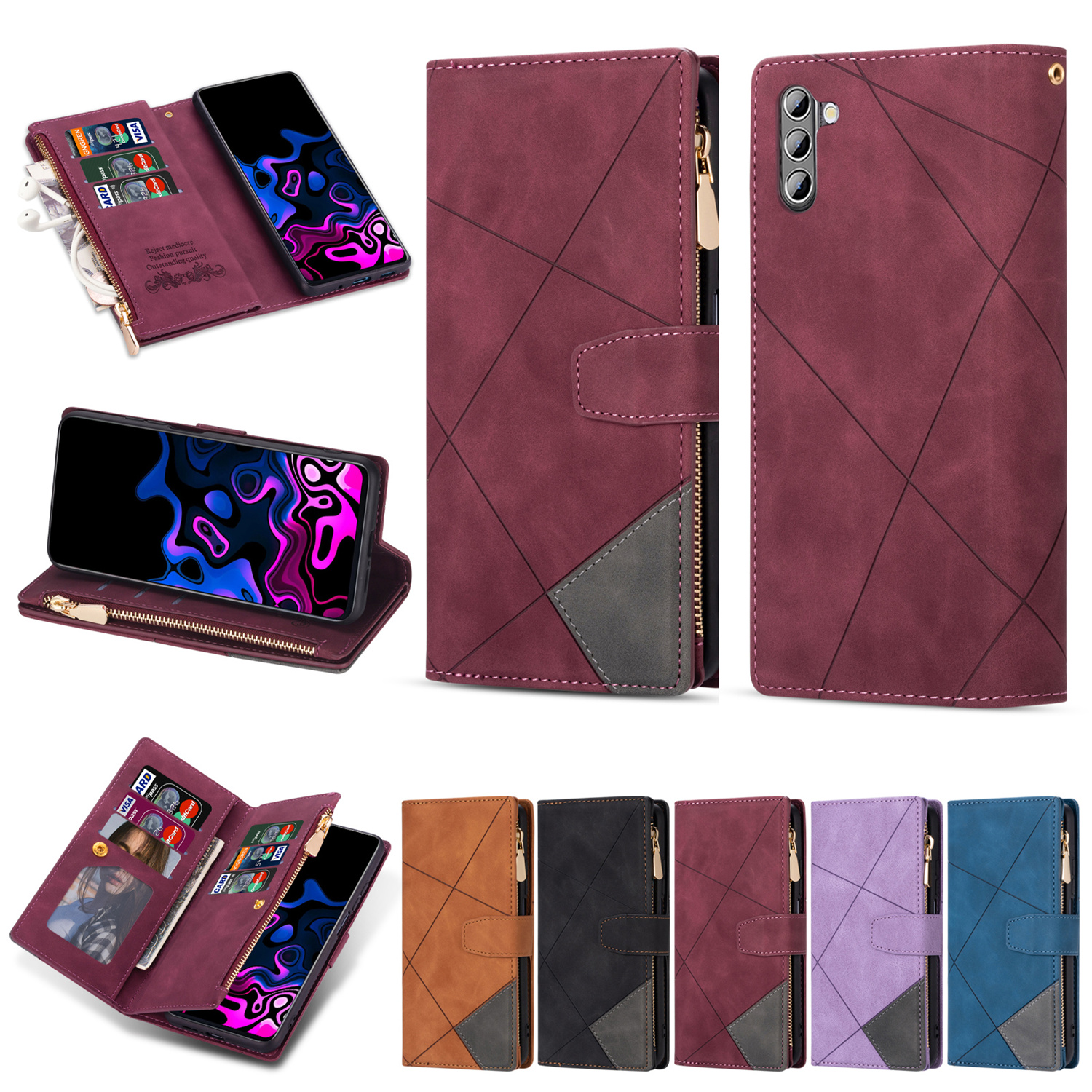 Tarise for Samsung Galaxy S21 Plus 5G Case Zipper Wallet with 9 Card Holder, S21+ Case for Women Men, Strap Wristlet Wristband Magnetic Kickstand Flip Phone Cover for Samsung S21 Plus 5G 6.7", Winered - image 1 of 9