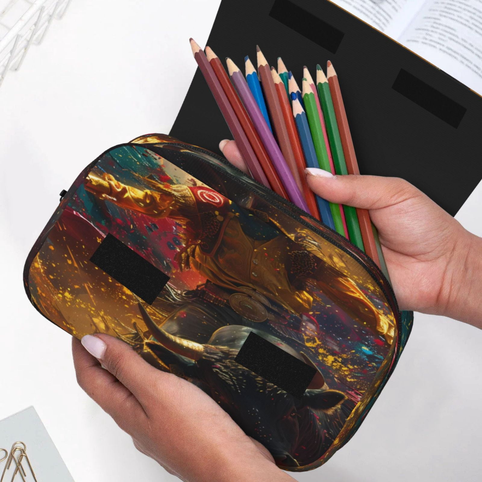 Rateoe Colorful Bull Western Man Pattern Double Clamshell Pen Case, Storage Organizer with Two Zipper Compartments– Holds Up to 50 Pencils & Pens