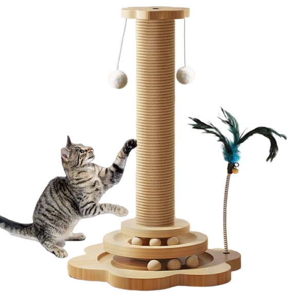 Cat Scratching Post 18 Inch Tall, Sisal Rope Kitten Scratcher with 2 Level Cat Track and Hanging Balls, Indoor Cat Scratch Post for Small Cats