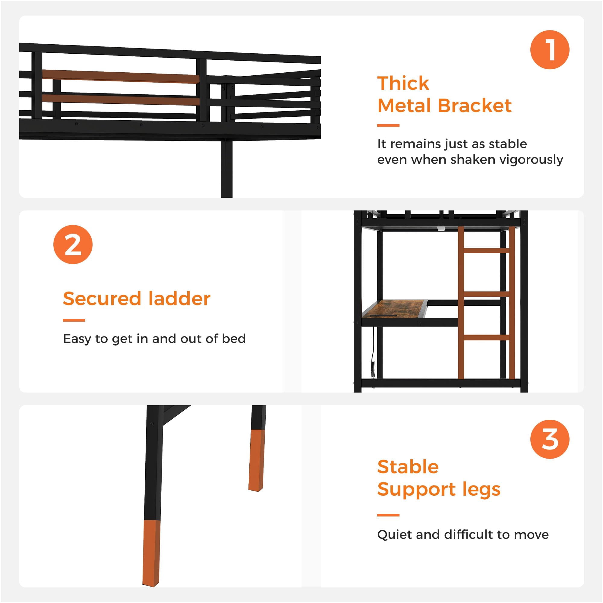 Miniyam Twin XL Metal Loft Bed Frame with Desk & Charge Station, Black