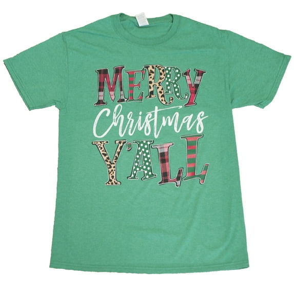 Tees2urdoor Patterned Merry Christmas Y'all T-Shirt, Adult 3X-Large, Green
