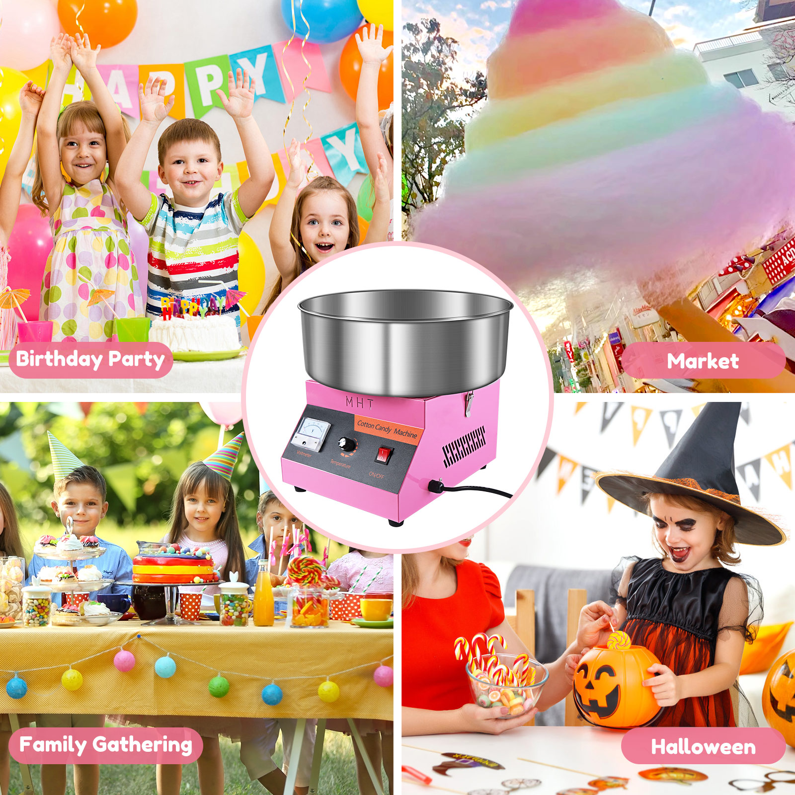 Commercial Cotton Candy Machine - 1000W Electric Cotton Candy Maker with 3500RPM Motor, Stainless Steel Bowl, Perfect for Home, Parties, Carnivals & Events (Pink