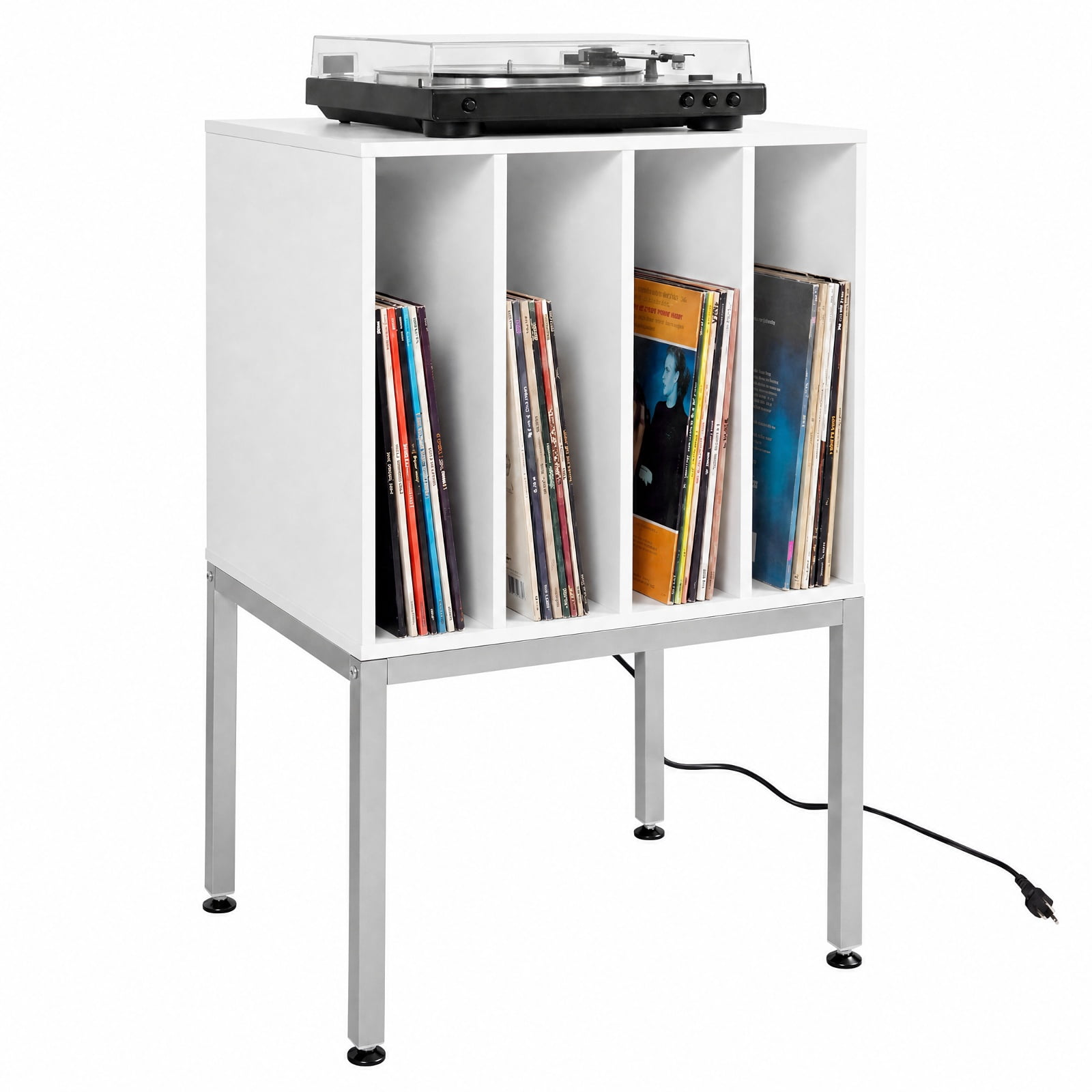 Furnibear Turntable Record Player Stand with Power Outlets USB and Vinyl Storage for Living Room Bedroom and Music Room, White