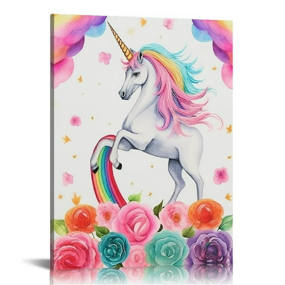 ONETECH - Stretched/Framed, Ready to Hang Canvas Wall Art. Water Color Unicorn Prints for Nursery or Girl's Bedroom Decor. Gold Glitter Unicorn Original 12x16 in