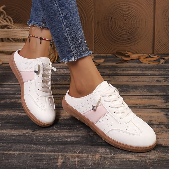 Women’s Backless Trainers Slip-On Mule Sneakers Breathable Open Back Lace-Up Casual Walking Shoes Retro Tennis Shoes