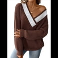 thumbnail image 1 of Suéter de Punto Ligero de Larga para Mujer, con Cuello en V y Costuras en Contraste. Café L, 1 of 9