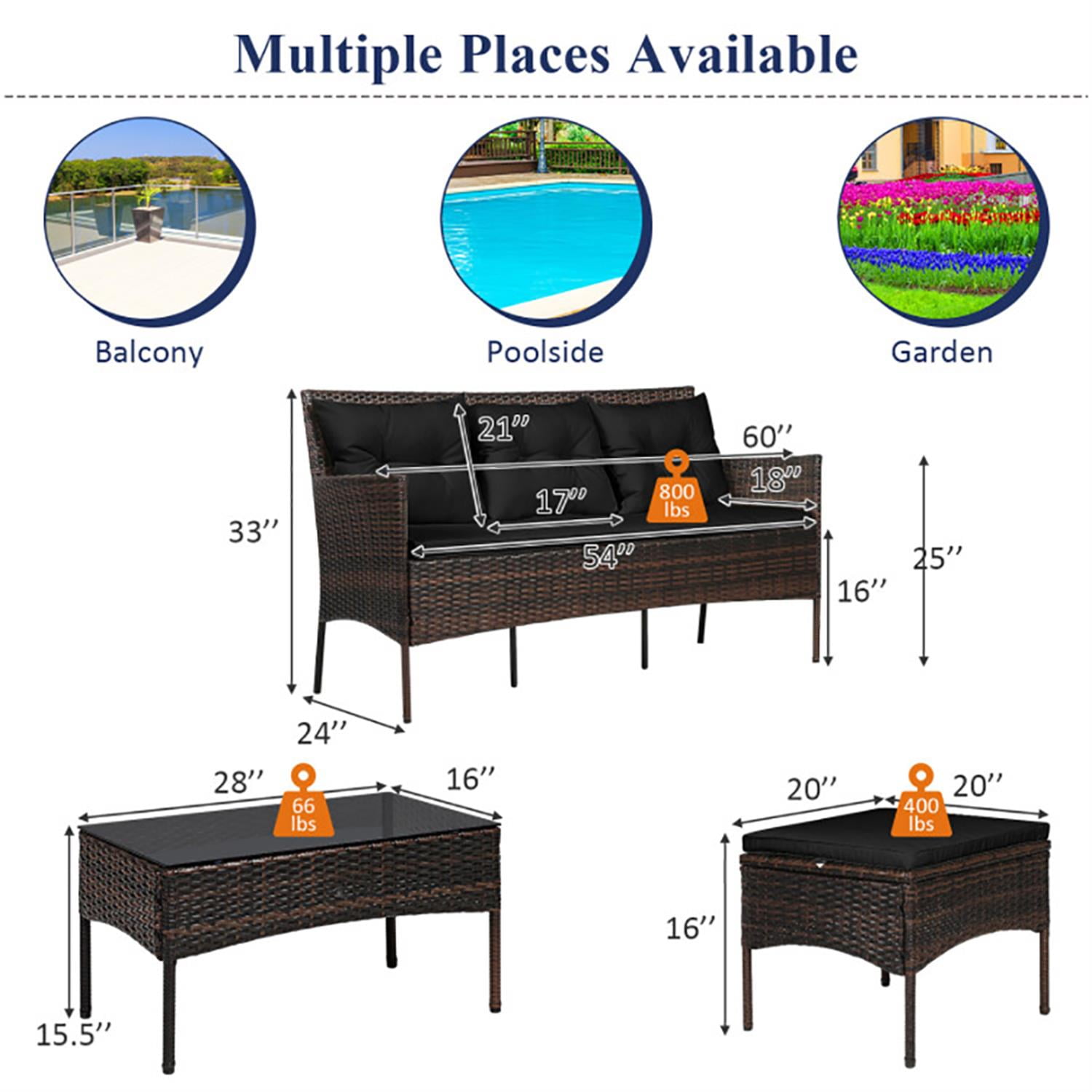 Demi Bonn 3 Pieces Patio Rattan Sectional Loveseat with Tempered Glass Table and Soft Cushions, Patio Furniture Sets with Cushions for Yard, Garden, Balcony, Black