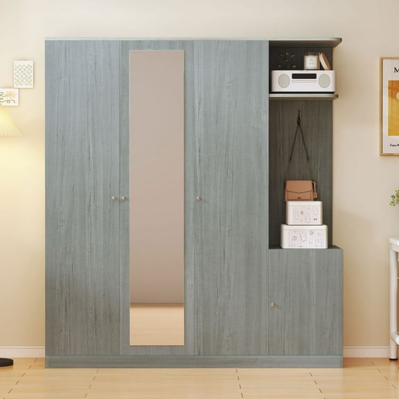 4-Door Wardrobe with Shelves, Drawers, and Full-Length Mirror, Gray
