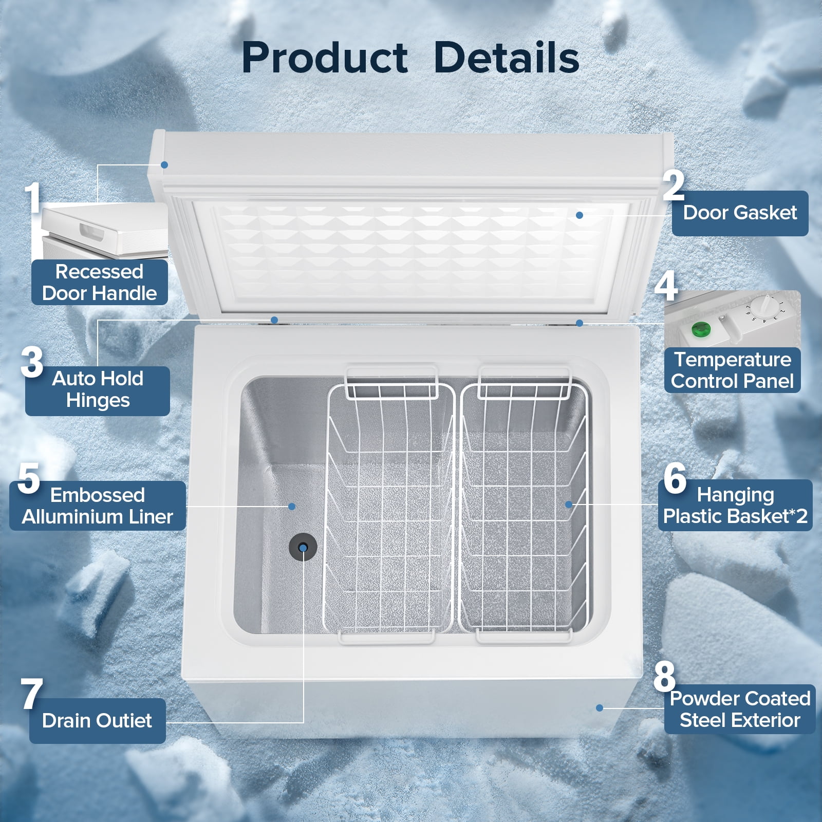 Auseo 2.7 Cubic Feet Chest Freezer Free Standing Top open Door Compact Freezer with Adjustable Temperature, Storage Basket*2, White