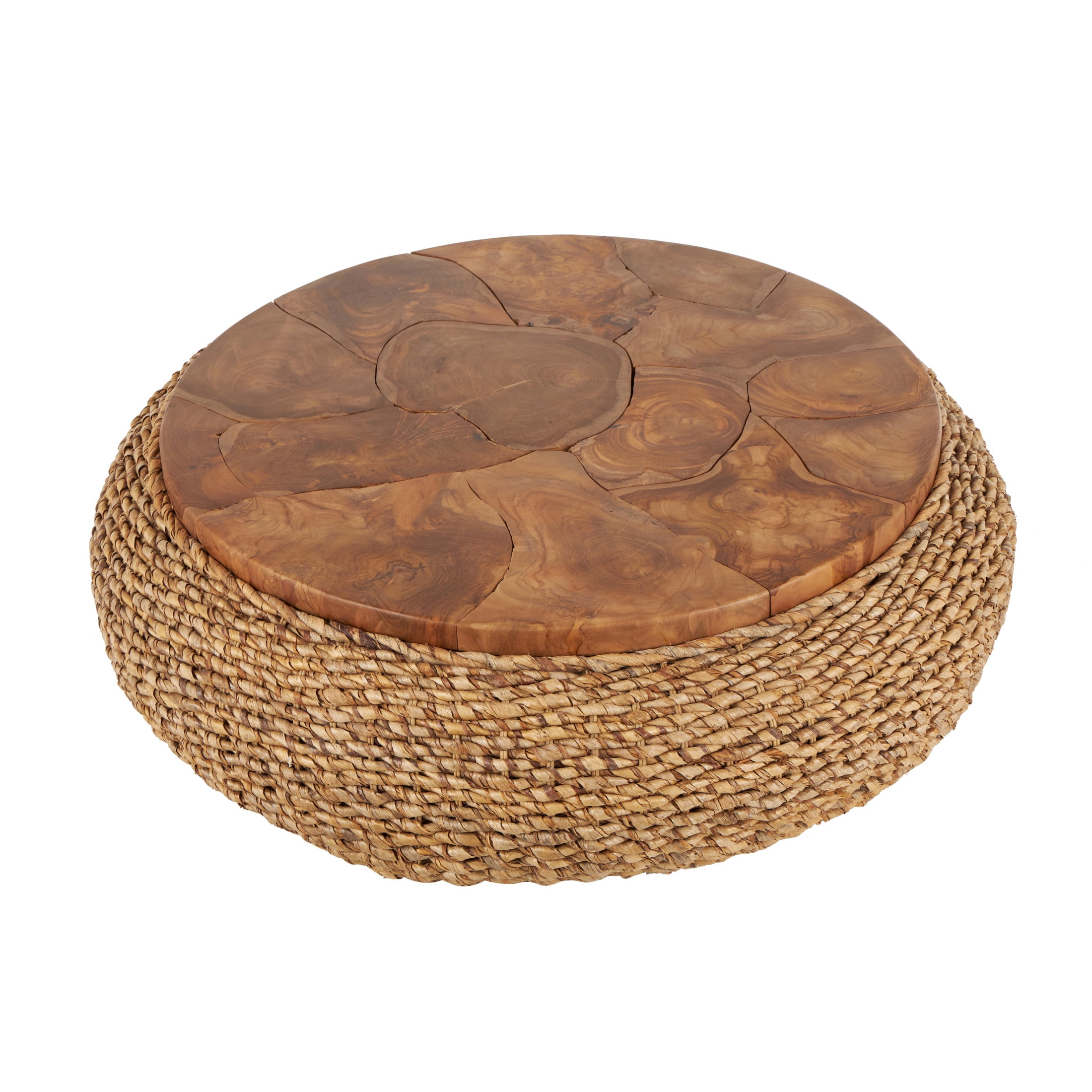 DecMode 47" x 15" Brown Rattan Wrapped Coffee Table with Teak Tabletop, 1-Piece