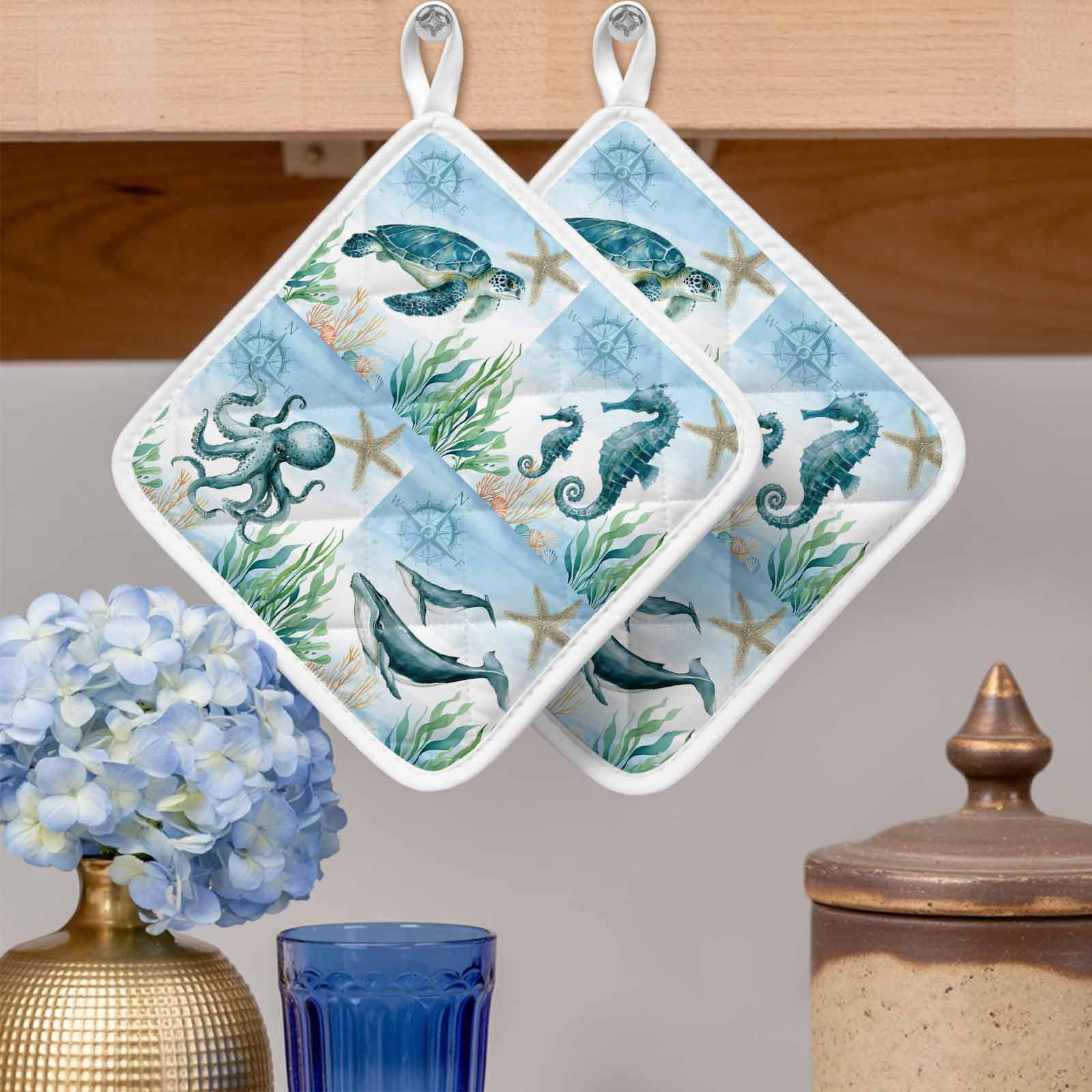 Coastal Pot Holders for Kitchen Heatproof Potholder, 2 Pack Ocean Turtle Seahorse Octopus Whale Beach Starfish Hot Pads Multipurpose Oven Pads Cloth Potholders Trivet for Cooking and Baking
