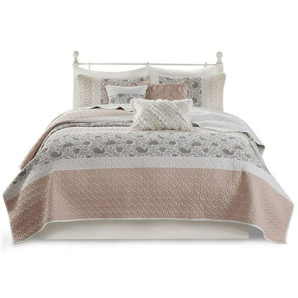 Madison Park 6-Piece 100 Percent Cotton Printing Pieced Coverlet Set in Pink