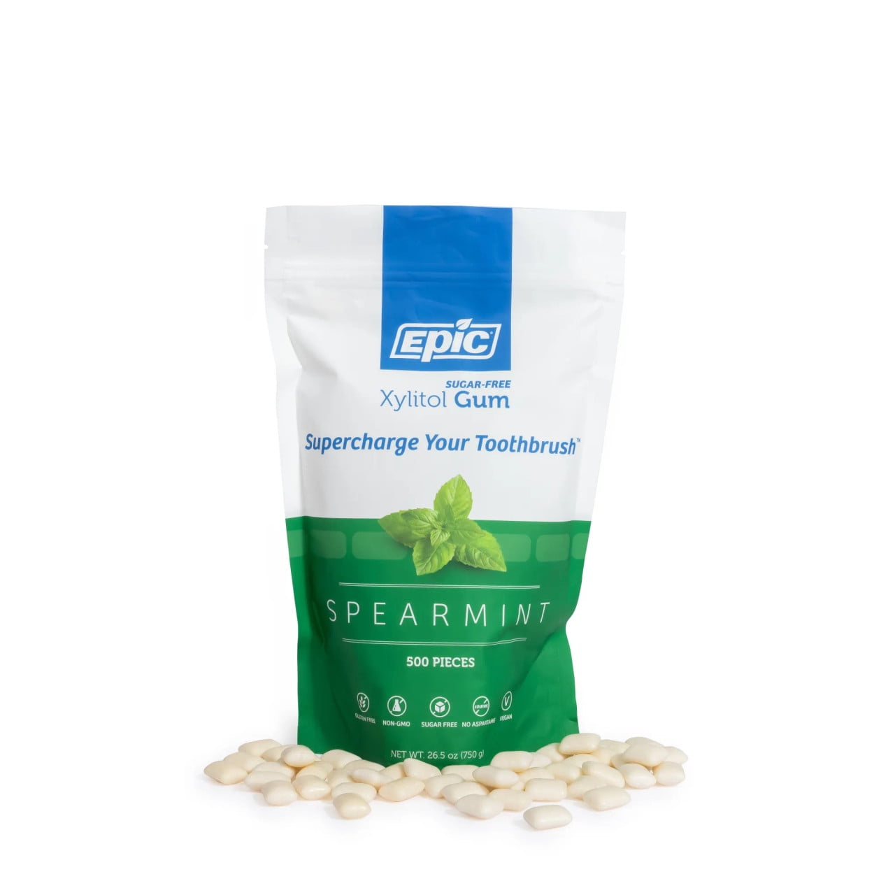 Epic Xylitol Chewing Gum - Sugar Free & Aspartame Free Chewing Gum Sweetened w/Xylitol for Dry Mouth & Gum Health (Spearmint, 500-Piece Bag, 1 Bag)