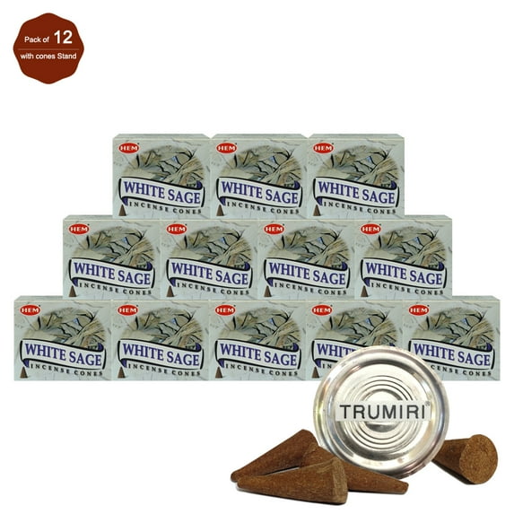 Trumiri Incense Cone Holder Bundle with Hem White Sage Incense Cones - Pack of 12 (approx 120 Cones)