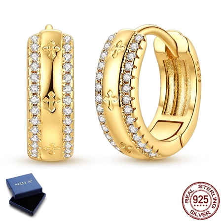 MULA 14mm 925 Sterling Silver Gold Plated Hoop Earrings, Sparkling 5A Zircon Cross Jewelry Gifts for Women