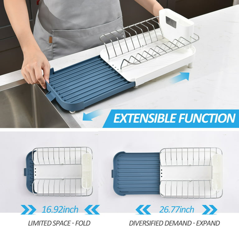 KK Kingrack Extendable Dish Rack, Adjustable Dish Drying Rack for Kitchen,  Foldable Dish Drainer with Removable Cutlery Holder, White