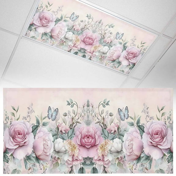 1 Pack Ombre Pink Rose Butterfly Fluorescent Light Covers for Ceiling Lights Vintage Flowers Magnetic Ceiling Light Covers Overhead Light Filters for Office Classroom Home