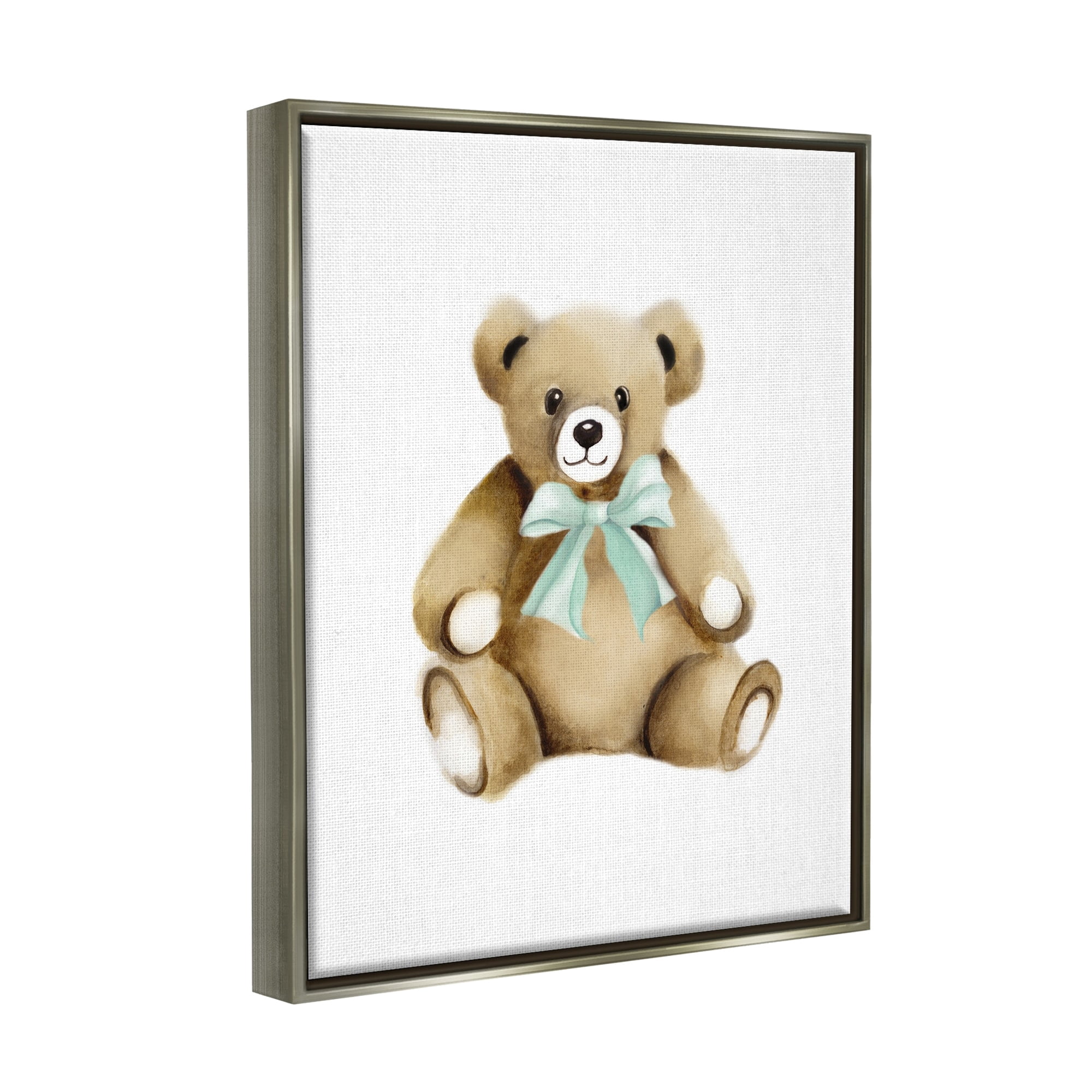 Stupell Industries Smiling Teddy Bear Bow Stuffed Animal Sitting Graphic Art Luster Gray Floating Framed Canvas Print Wall Art, Design by Studio Q