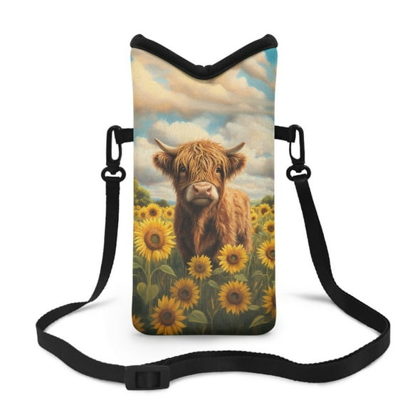 ZIATUBLES Neoprene Phone Bag Soft Cellphone Sleeve Pouch Shockproof Phone Purse Adjustable Crossbody Strap with Hook Loop Fastener, 4 X 8 Inch, Highland Cow Sunflower Cloud
