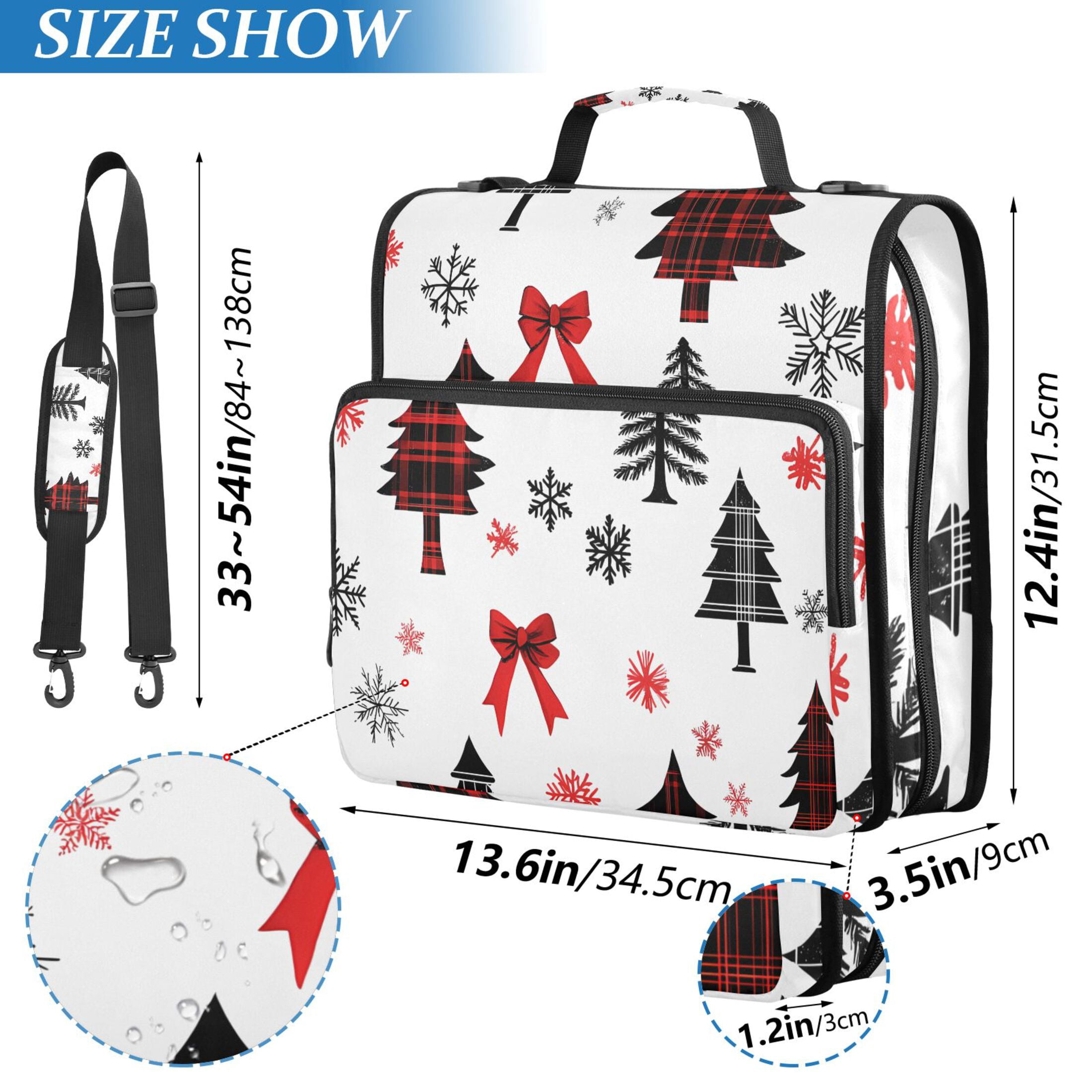 3 Ring Zipper Binder with Shoulder Strap Waterproof Trapper Keeper 2 Inch D-Ring 500 Sheets Capacity Christmas Tree Snowflakes Bow
