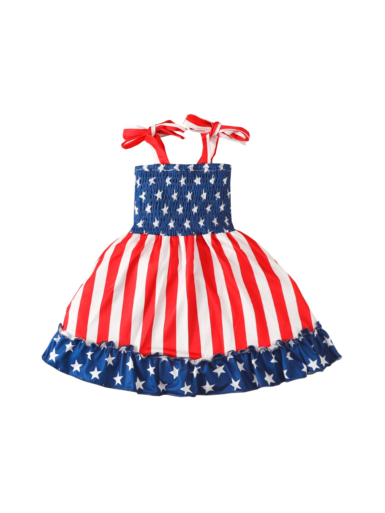Summer Toddler Baby Girls Print 4th Of July Bowk Straps Dresses Holiday Clothes 
